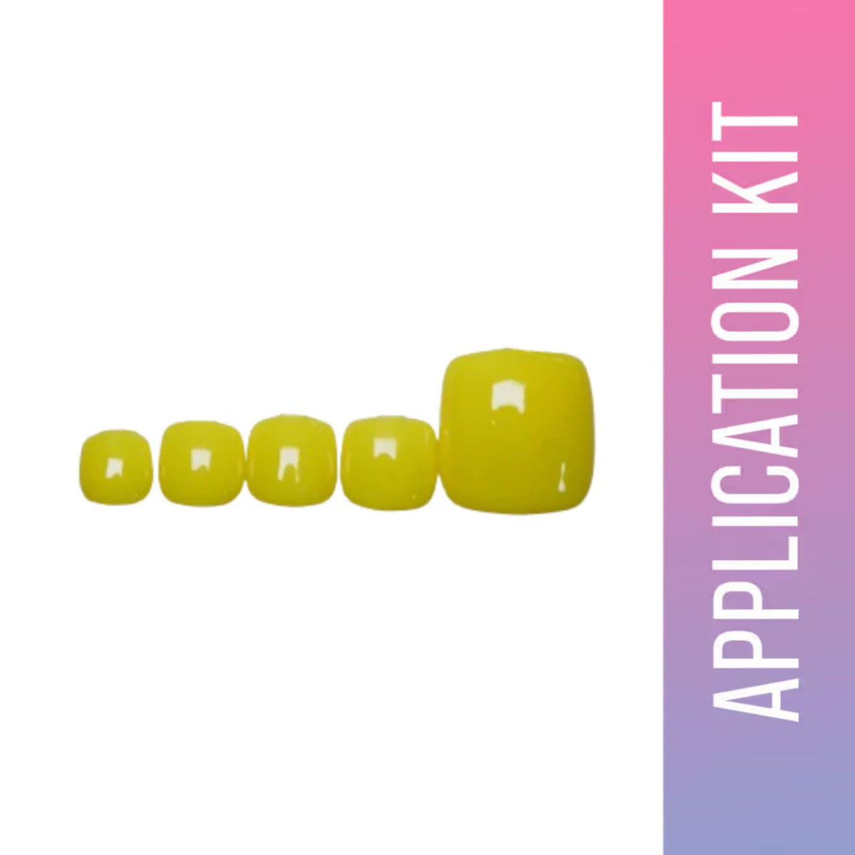 Nail polish application kit with yellow nail forms on a gradient pink to purple background