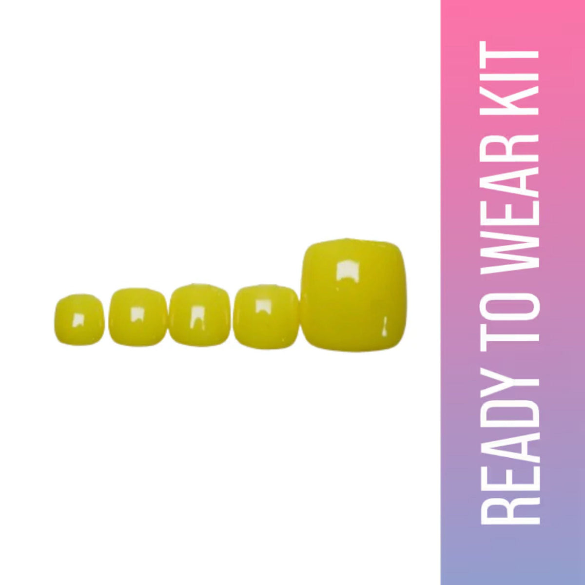 Set of yellow nail polish bottles with a pink and purple gradient background and text 'Ready to Wear Kit'.