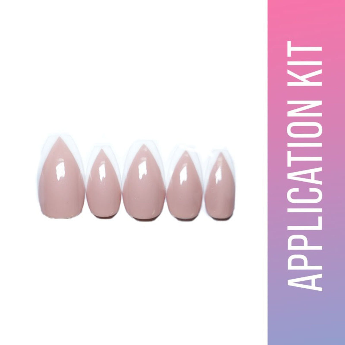 Nail application kit with beige and white nails on a white background