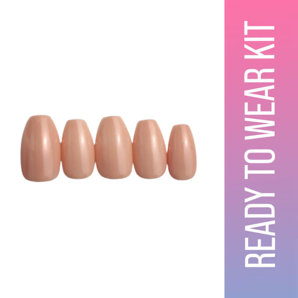 Set of nude-colored nails on a white background with 'Ready to Wear Kit' text on a pink and purple gradient.