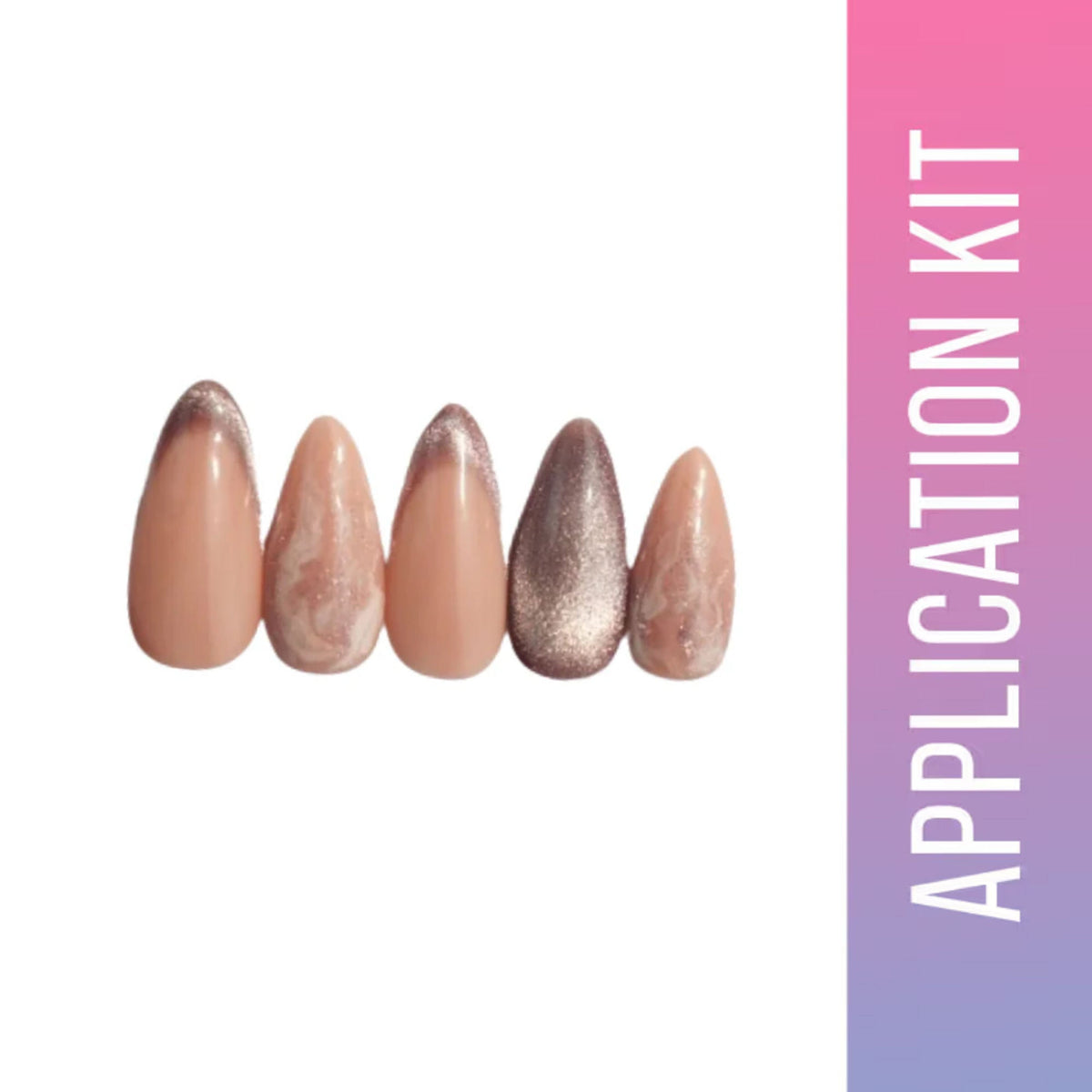 Nail application kit with five nail shapes on a white background