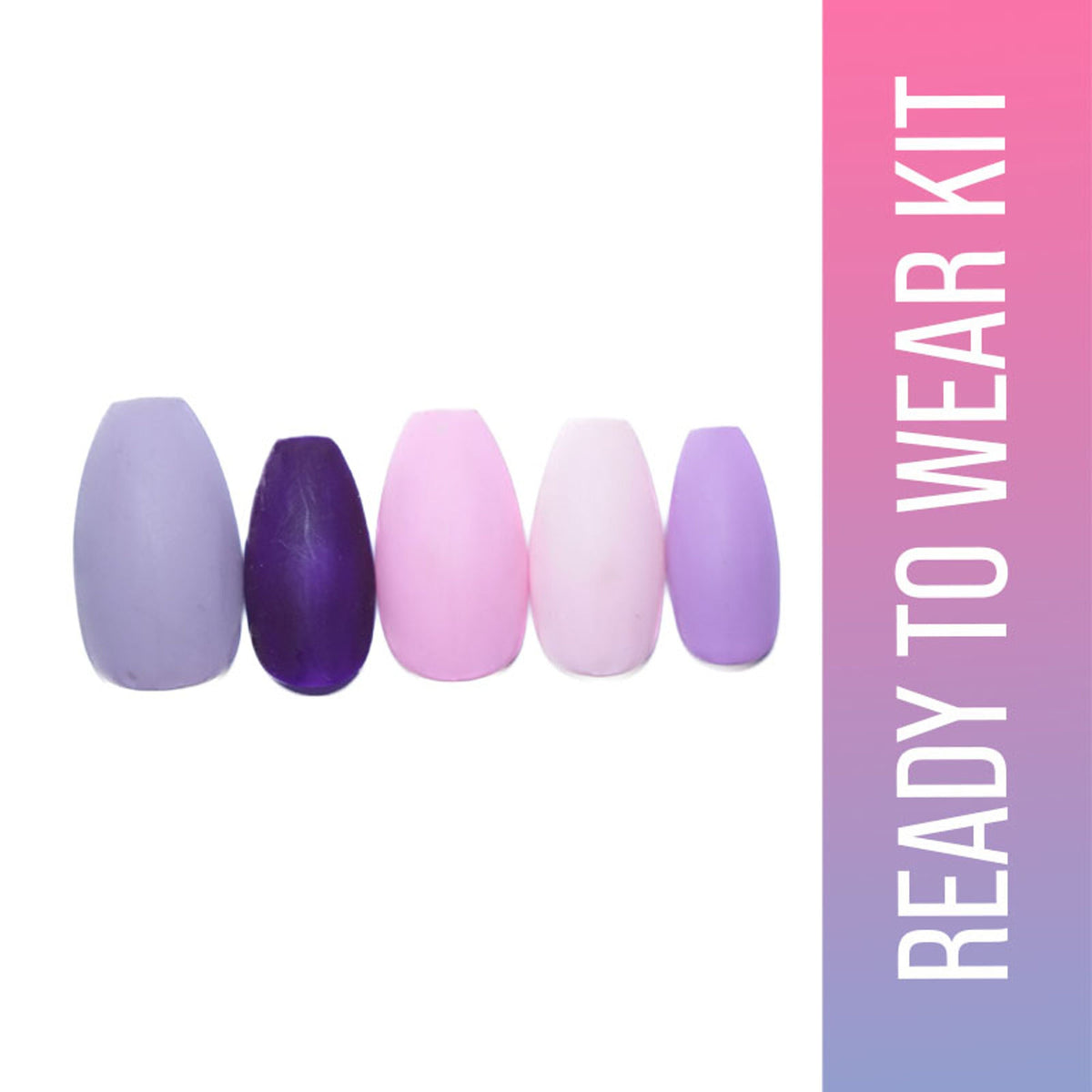 Set of five purple and pink press-on nails with a 'Ready to Wear Kit' label on a white background.