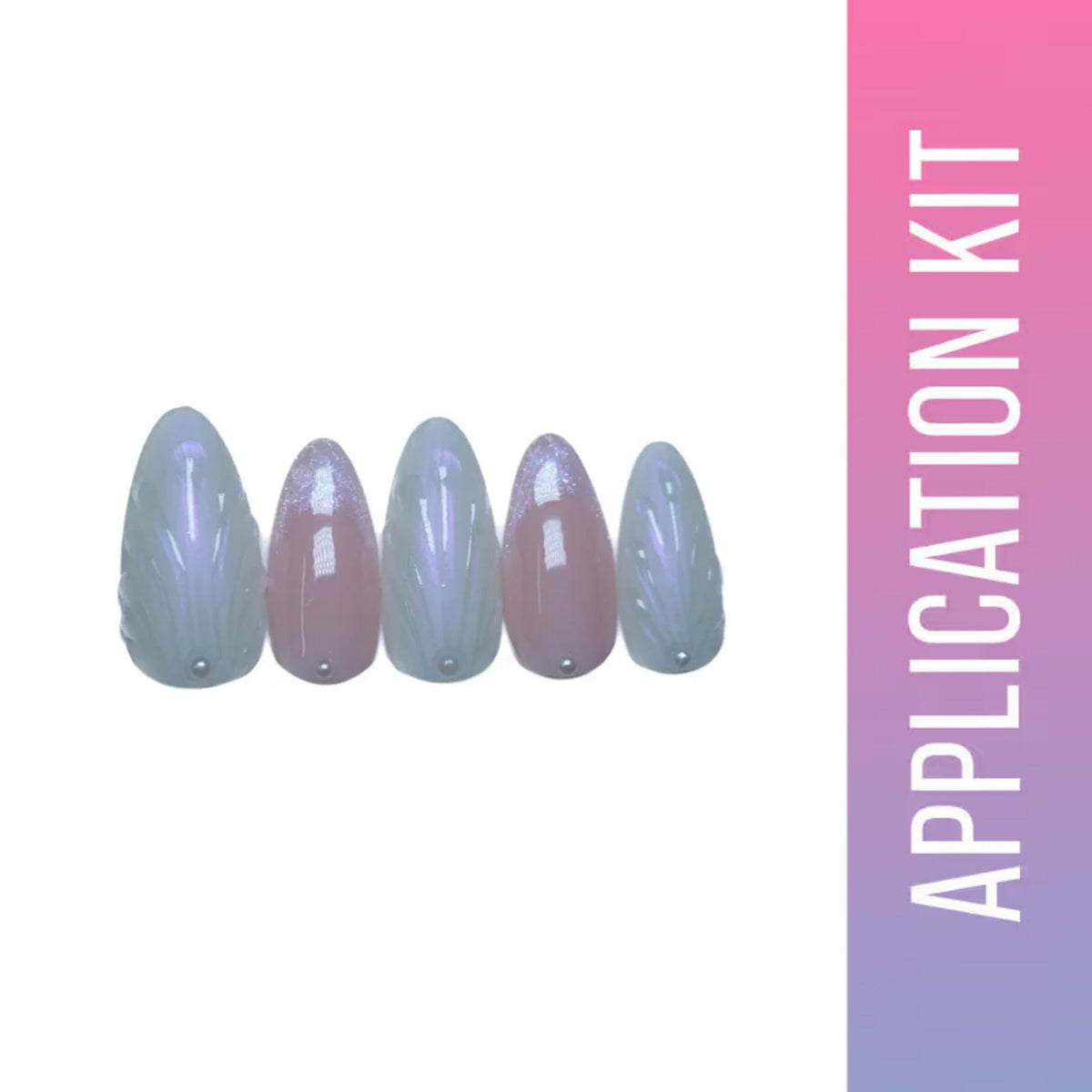 Set of false nails with a 'Application Kit' label on a gradient background
