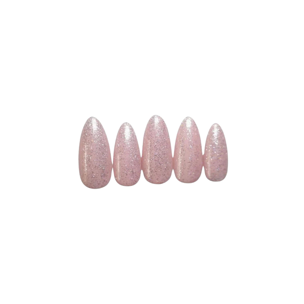 Set of five pink glittery nail extensions on a white background