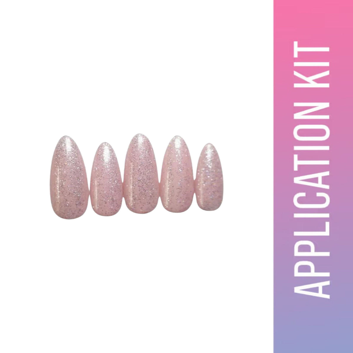 Set of glittery pink nails with 'Application Kit' text on a gradient background