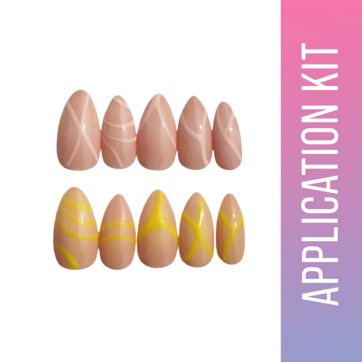 Nail application kit with pink and yellow design on a white background