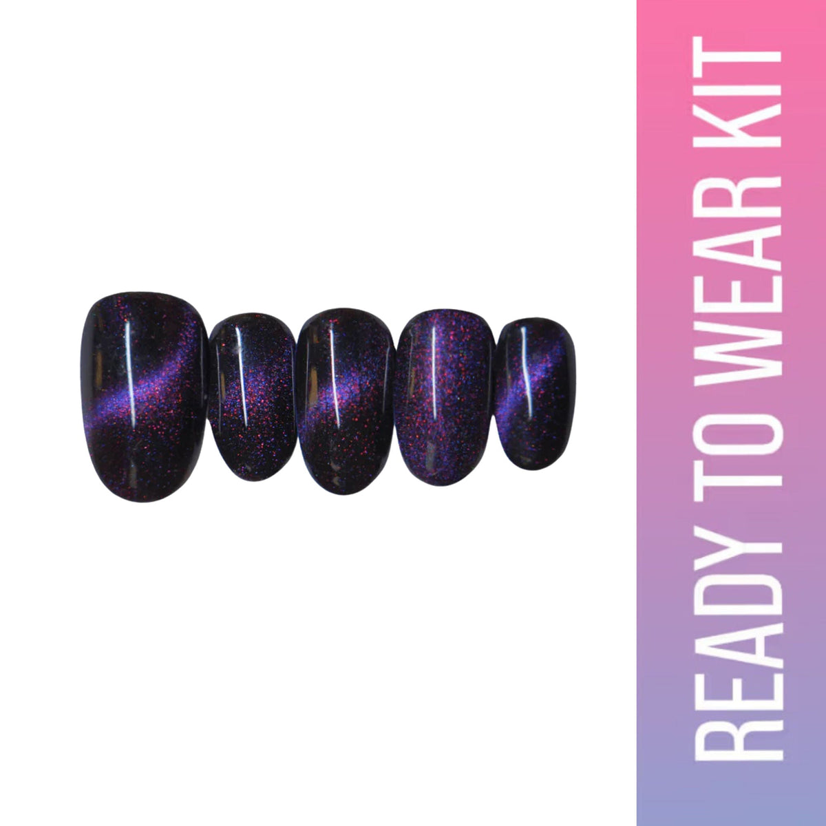 Set of purple and black cat-eye nail art on a white background with 'Ready to Wear Kit' text.