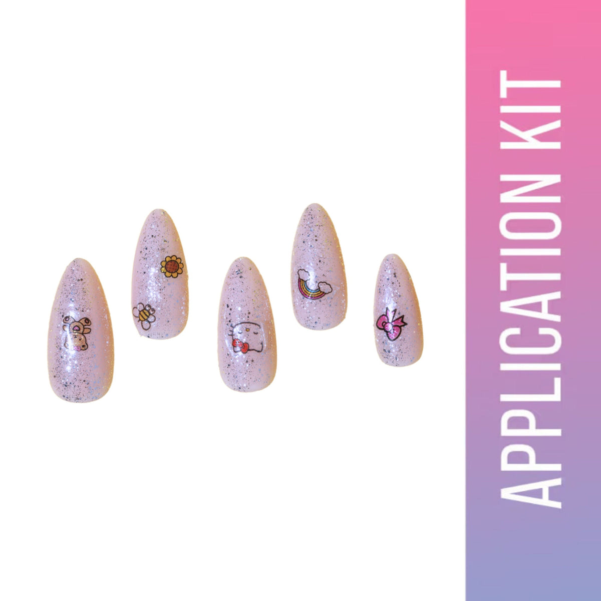 Set of decorative false nails with designs on a white background, accompanied by text 'APPLICATION KIT'.