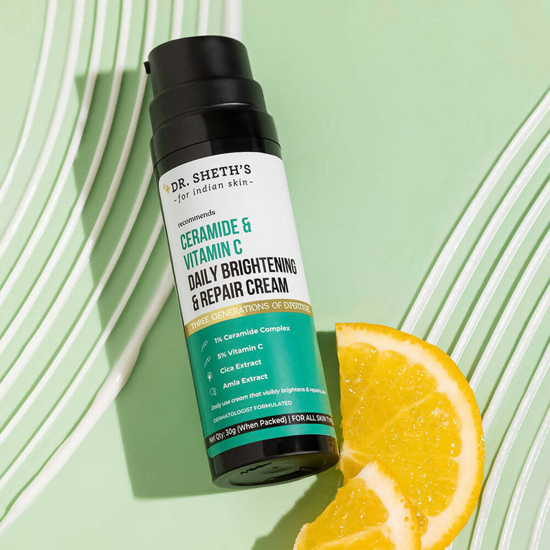 Dr. Sheth's Ceramide & Vitamin C Daily Brightening & Repair Face Cream With 5% Vitamin C, Cica & Amla, Brightens & Repairs Skin - Limited Time Offer