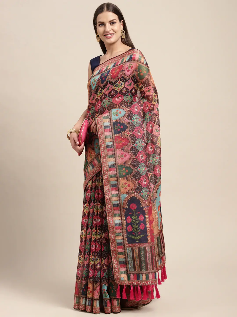 Soft Linen Mughal and Kalamkari Print Saree
