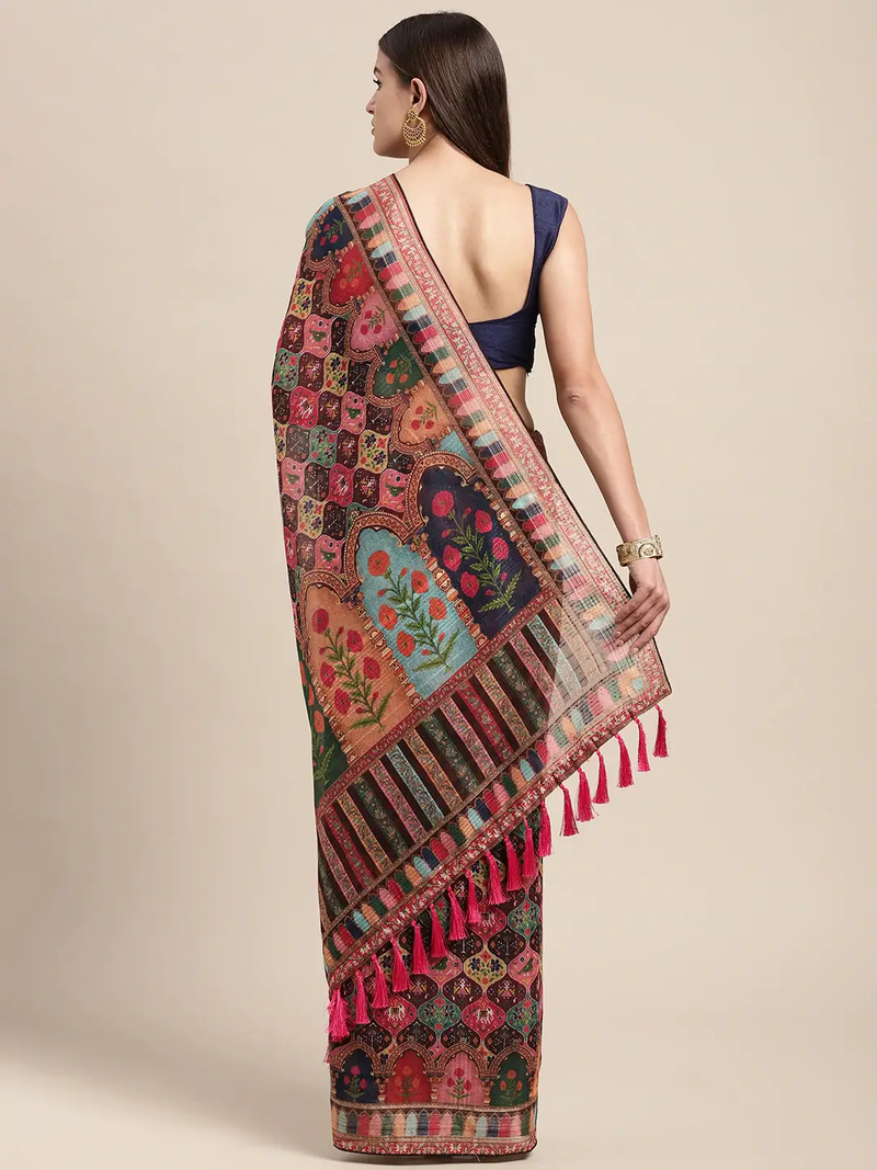 Soft Linen Mughal and Kalamkari Print Saree