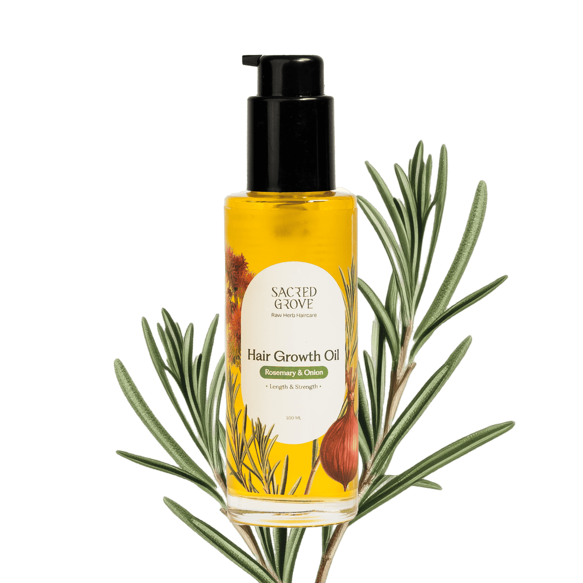 Hair growth oil bottle with rosemary leaves on a green background
