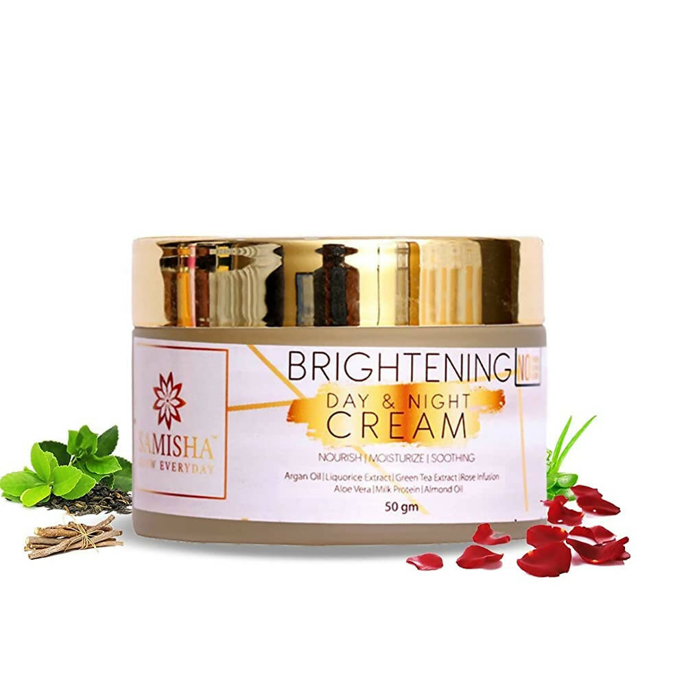 Amisha Brightening Day & Night Cream jar with natural elements on a white background