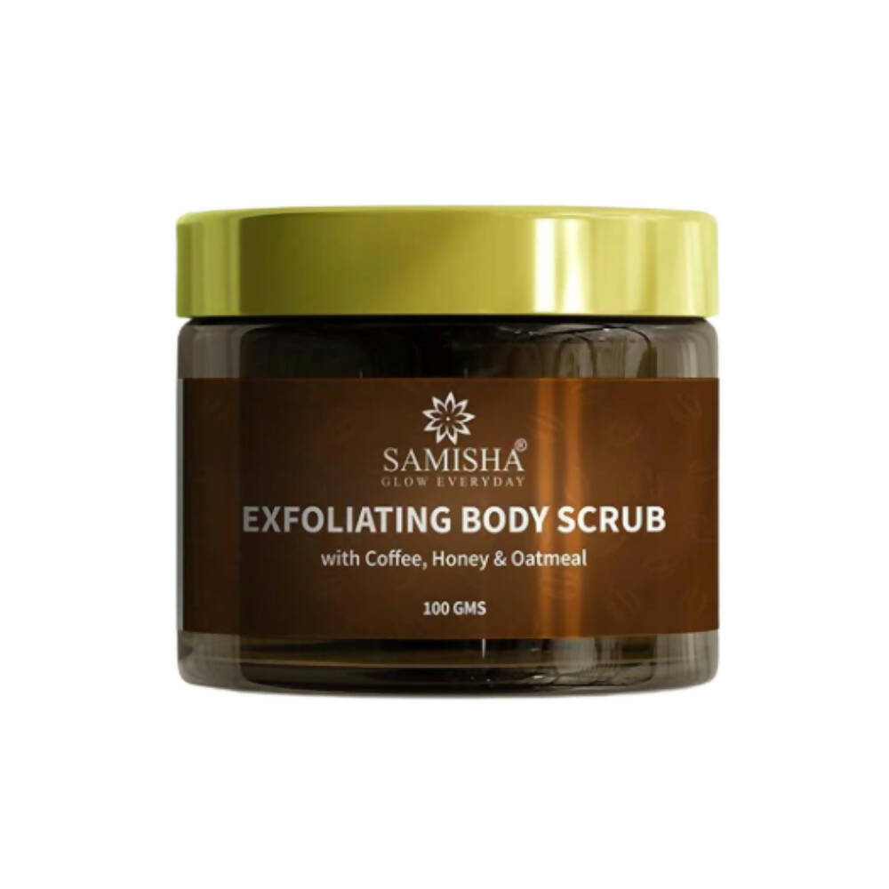 Jar of Samisha Exfoliating Body Scrub with a gold lid on a white background