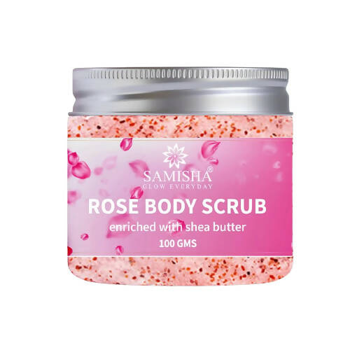 Jar of Samisha Rose Body Scrub with pink packaging and rose petals on a white background