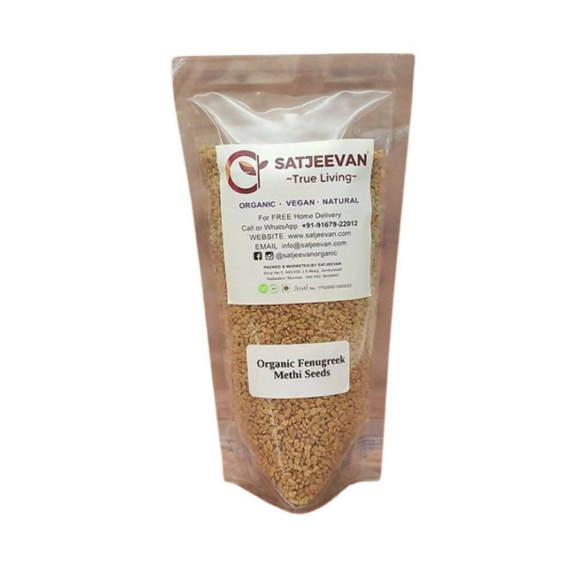 Packaged organic fenugreek seeds with Satjeevan label on a white background