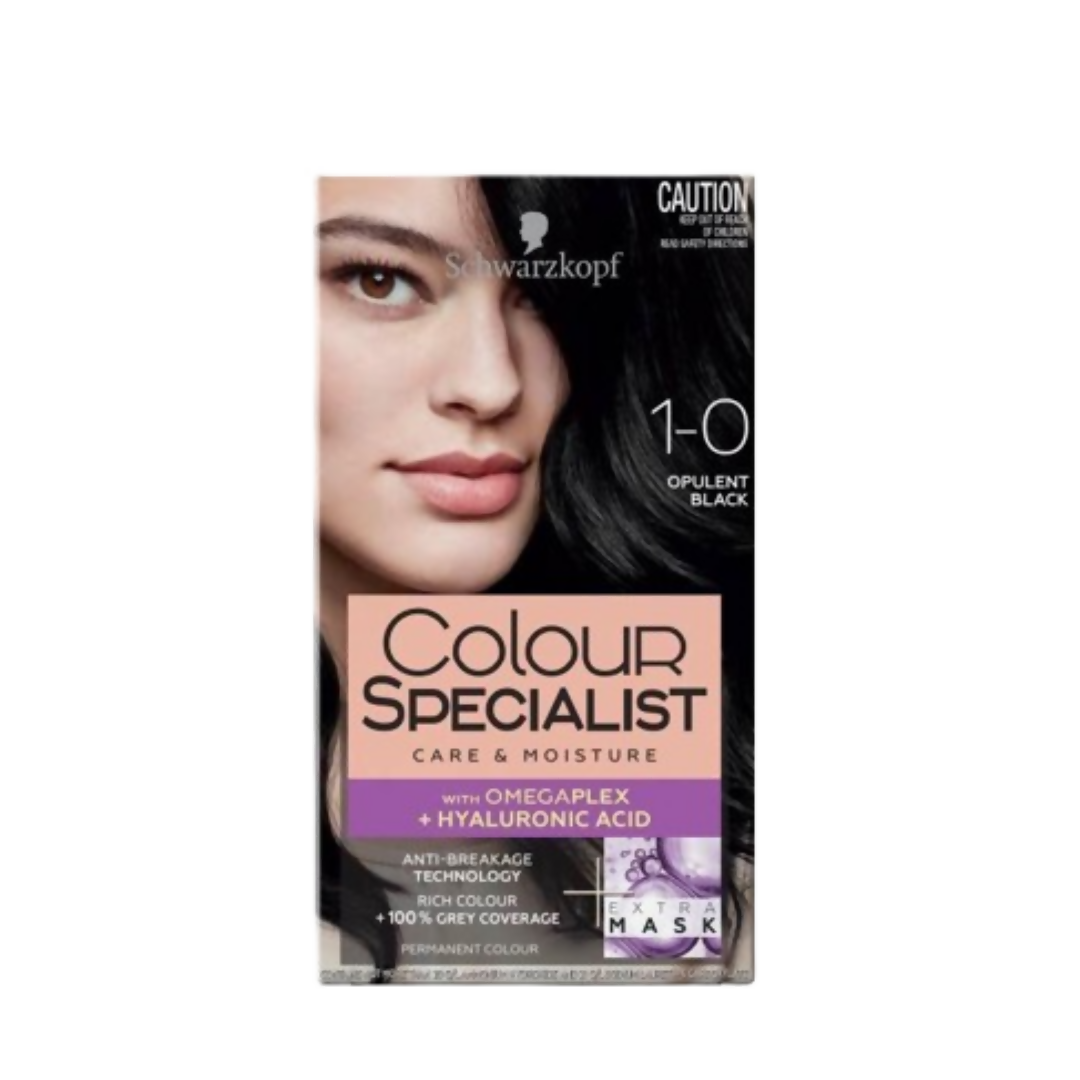 Schwarzkopf Colour Specialist hair dye box with a model's face on a white background