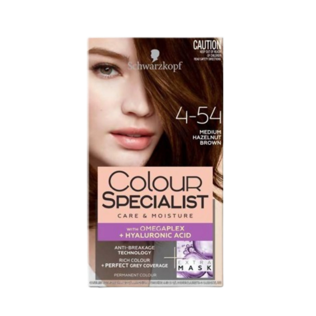 Schwarzkopf Colour Specialist hair dye box with a model's face and product details.