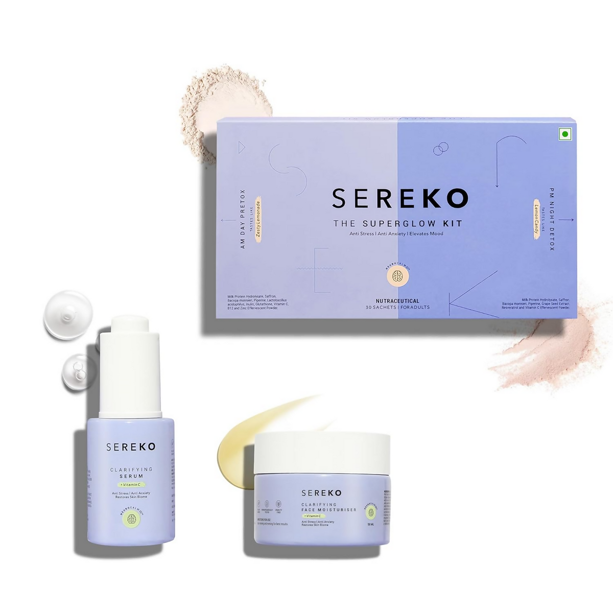 Sereké skincare products including serum, cream, and packaging on a white background