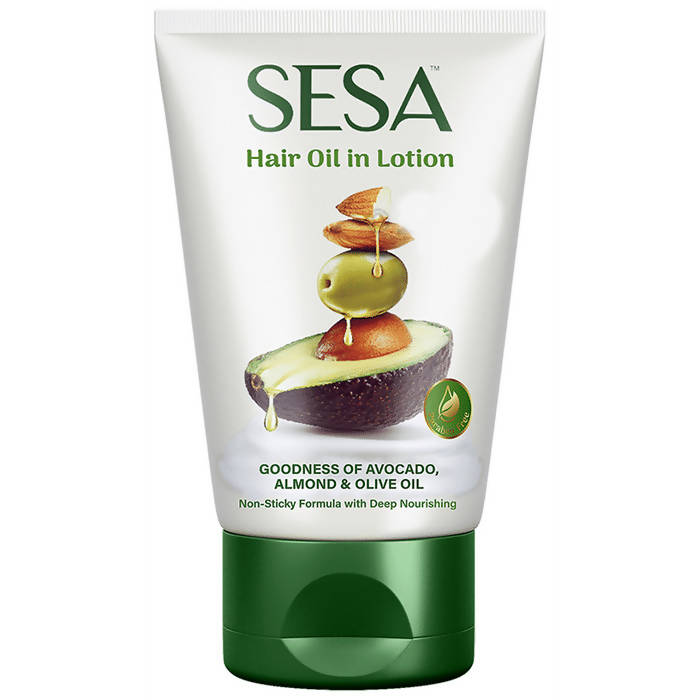 SESÓ hair oil in lotion tube with avocado and almond illustration on a white background