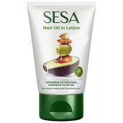 SESÓ hair oil in lotion tube with avocado and almond illustration on a white background