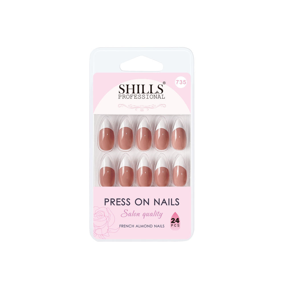 Pack of press-on nails with SHILLS branding on a white background