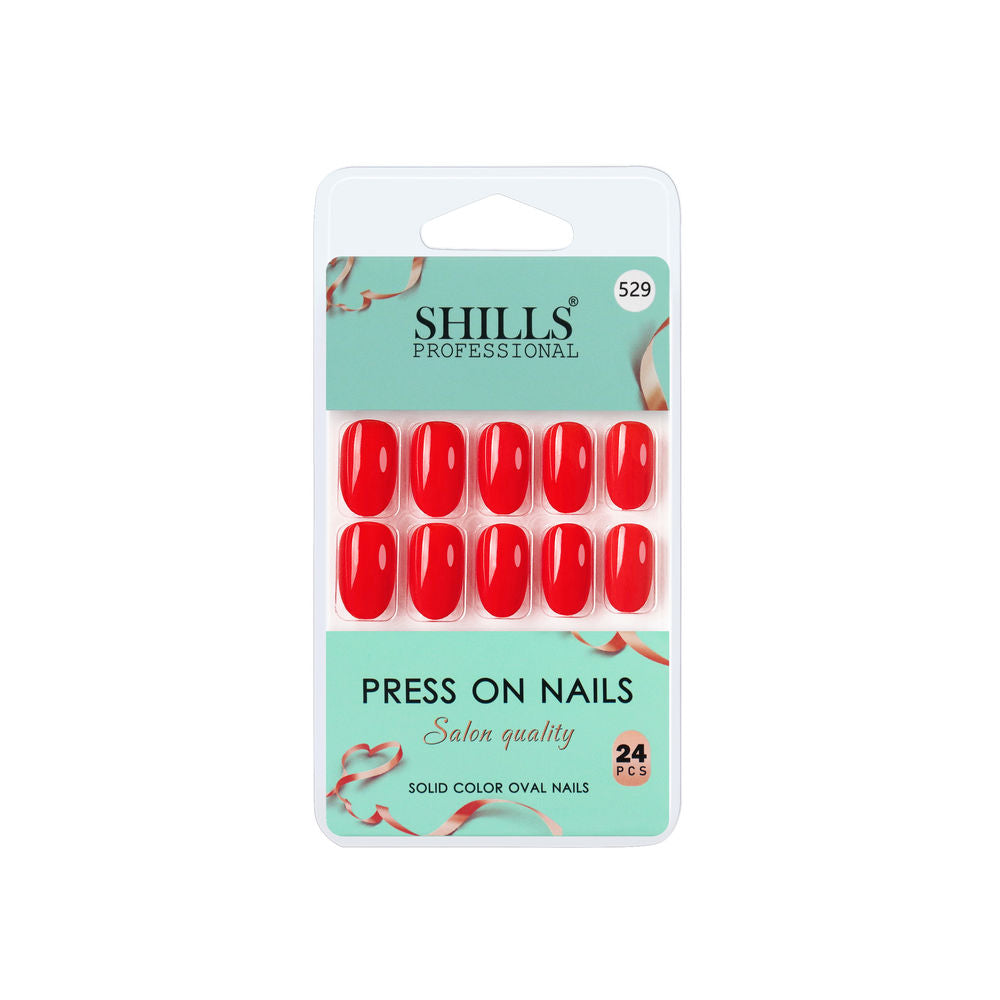 Pack of red press-on nails with Shills Professional branding on a white background