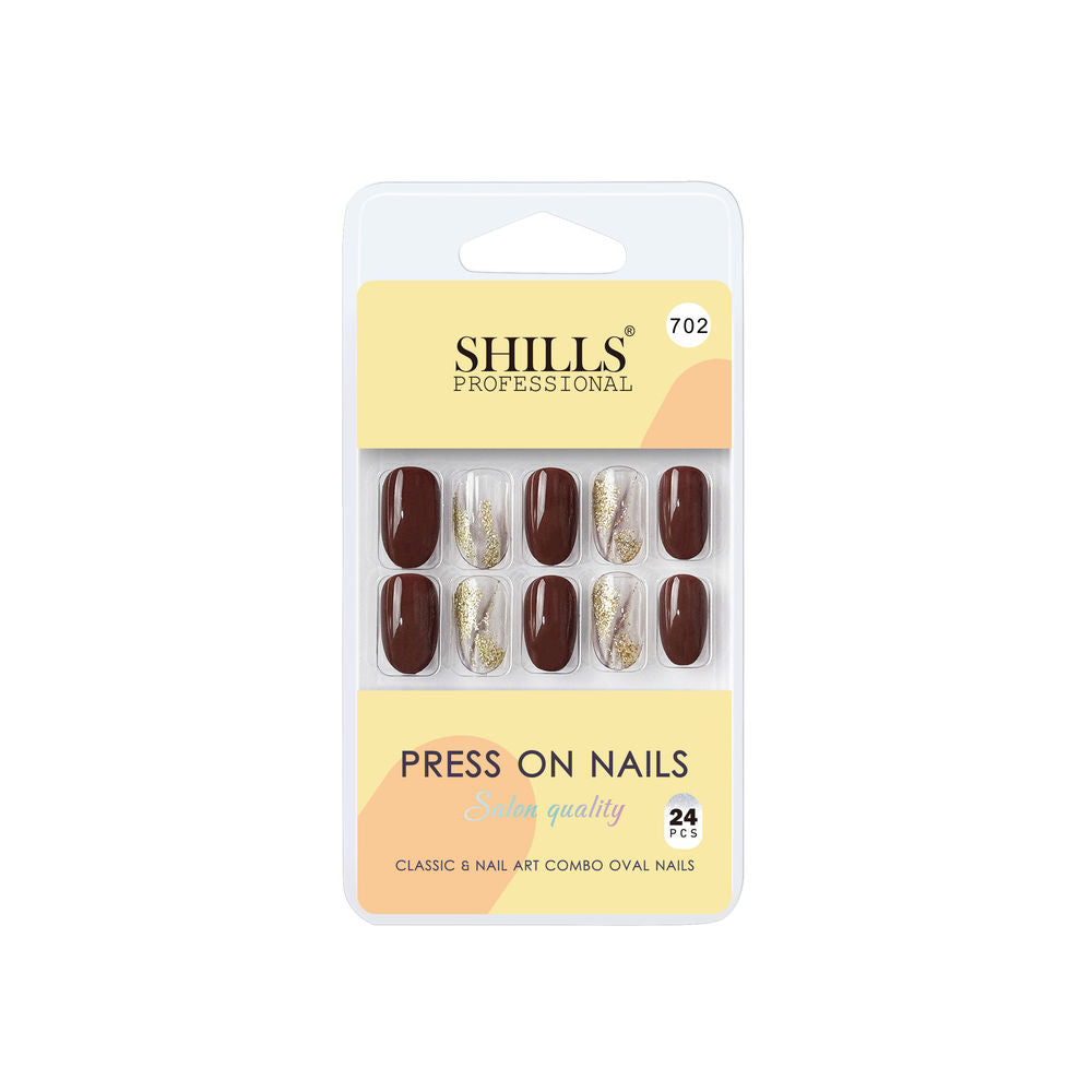Pack of Shills Professional press-on nails with brown and gold design on a white background