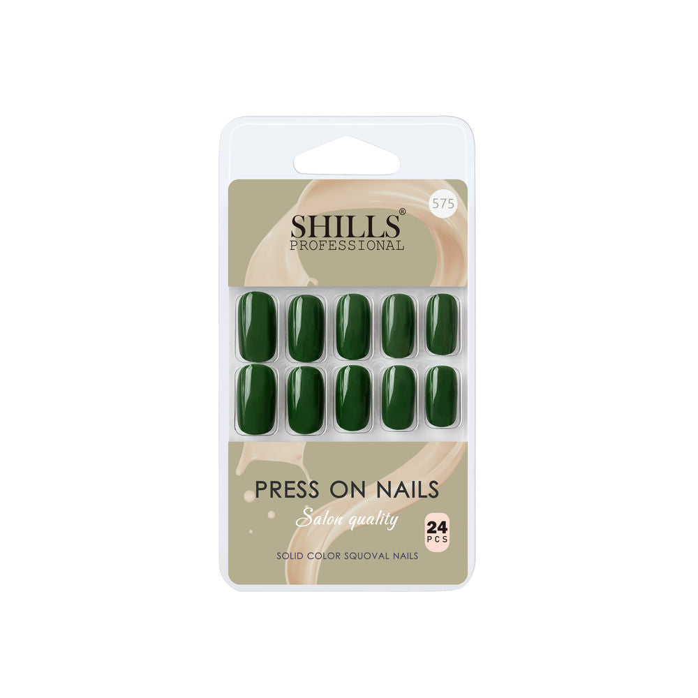 Pack of green press-on nails with Shills branding on a white background