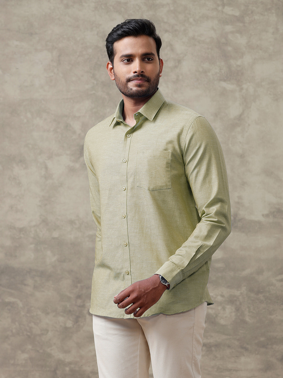 Men Linen Cotton Shirt Olive Green LF25