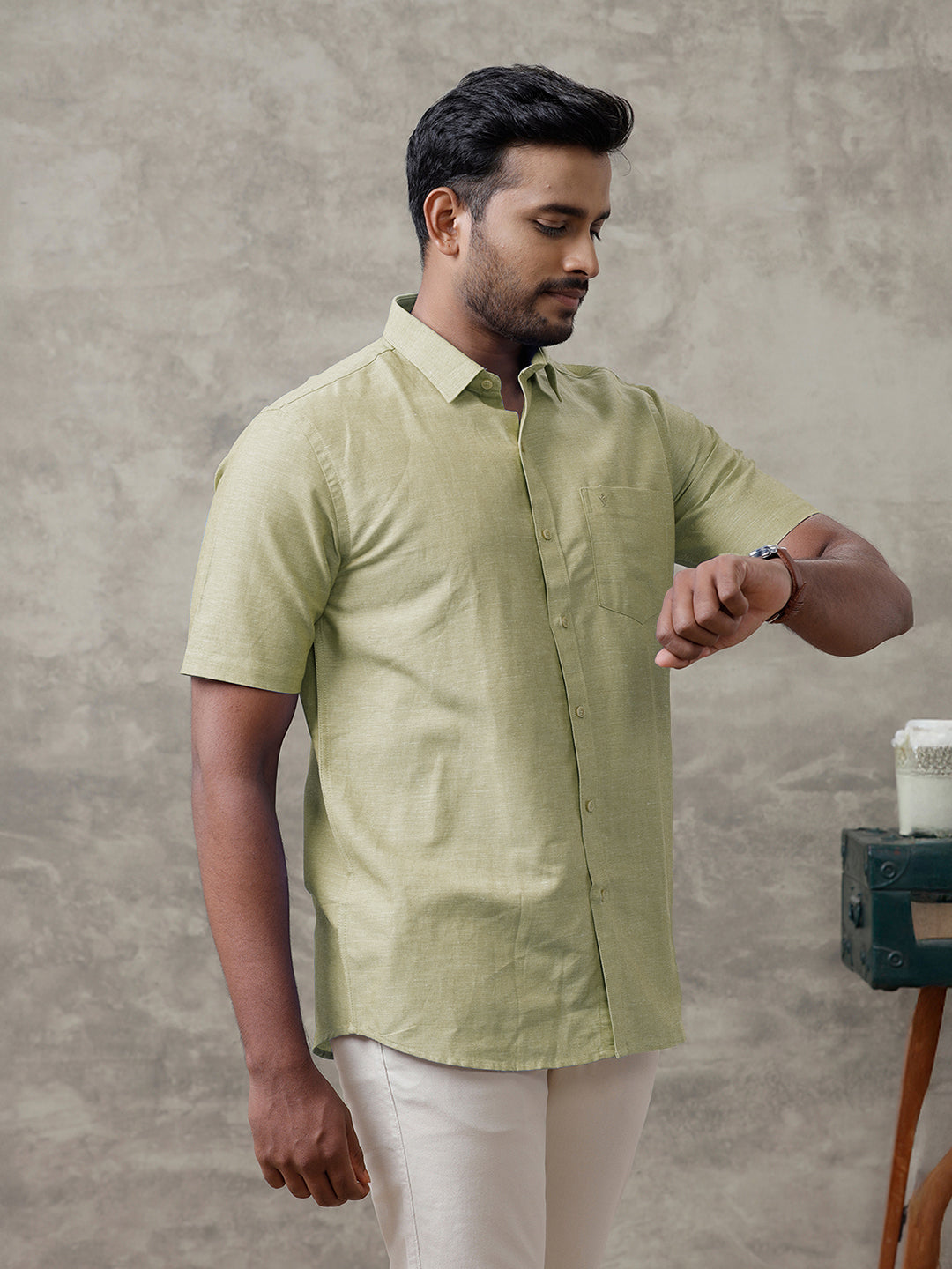 Men Linen Cotton Shirt Olive Green LF25