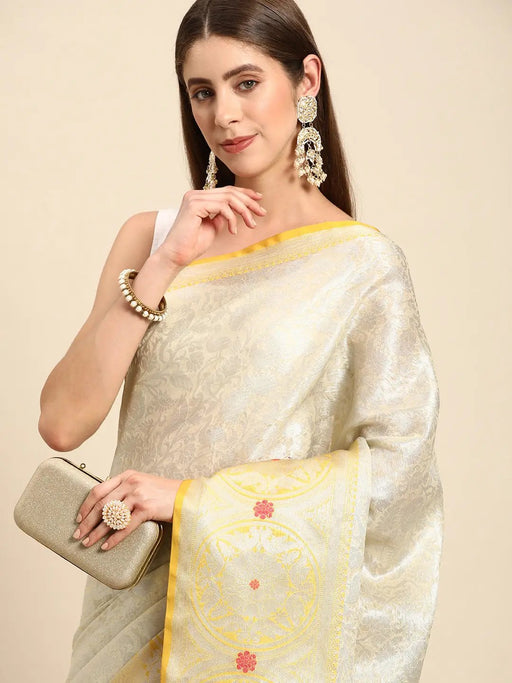Fine Kora Zari Silk Saree With Ethnic Motifs