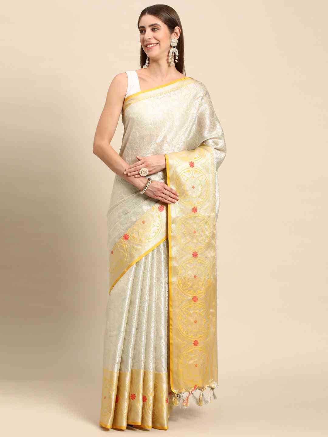 Fine Kora Zari Silk Saree With Ethnic Motifs