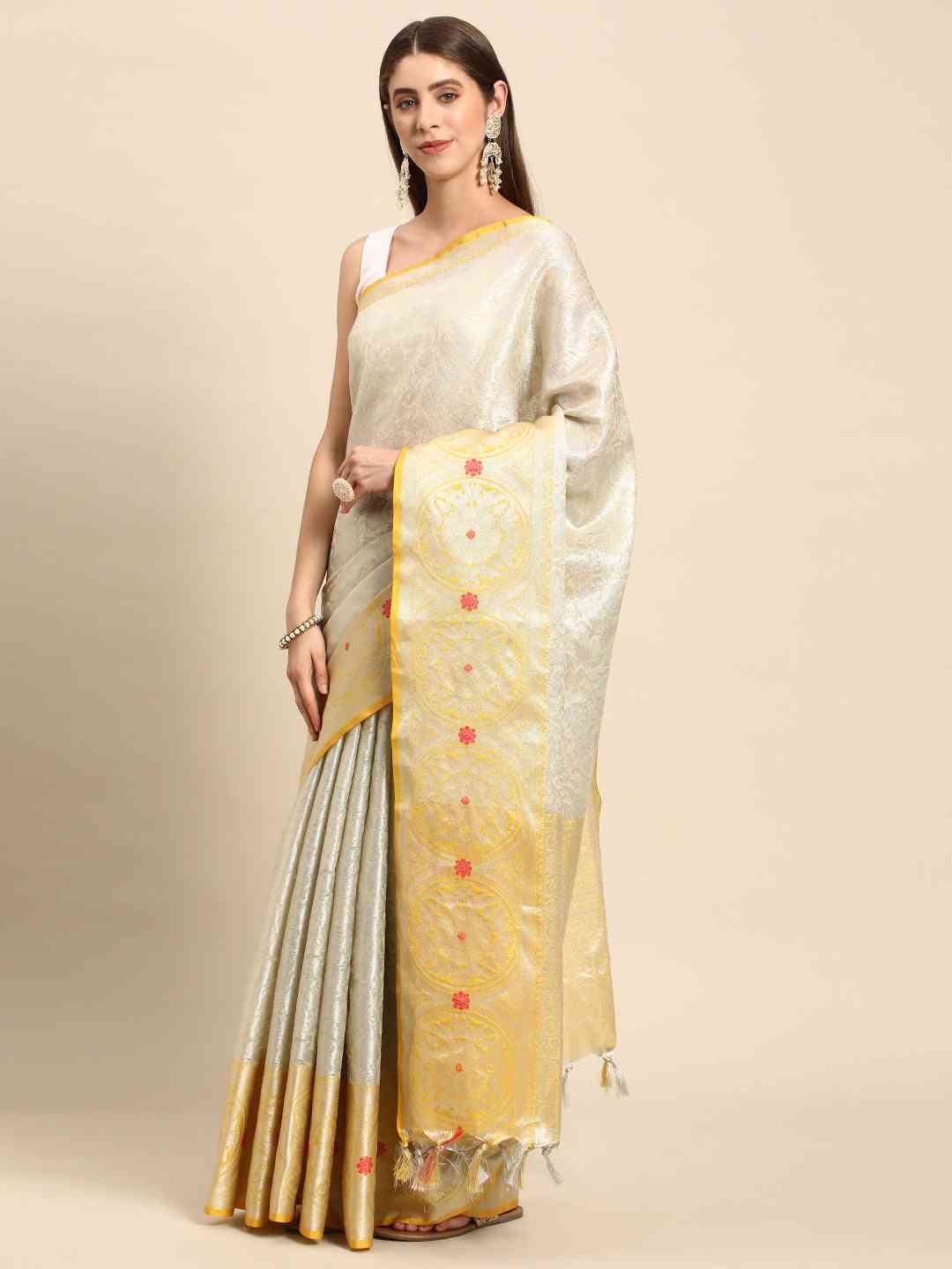 Fine Kora Zari Silk Saree With Ethnic Motifs