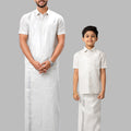 Like Father Like Son Half Sleeves Tissue Jari Shirt Dhoti Combo Sankalpam Silver