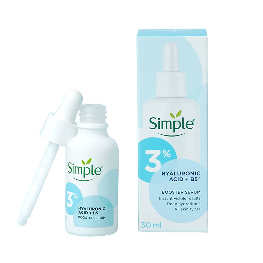 Simple 3% Hyaluronic Acid + B5 Booster Serum with packaging on a white background