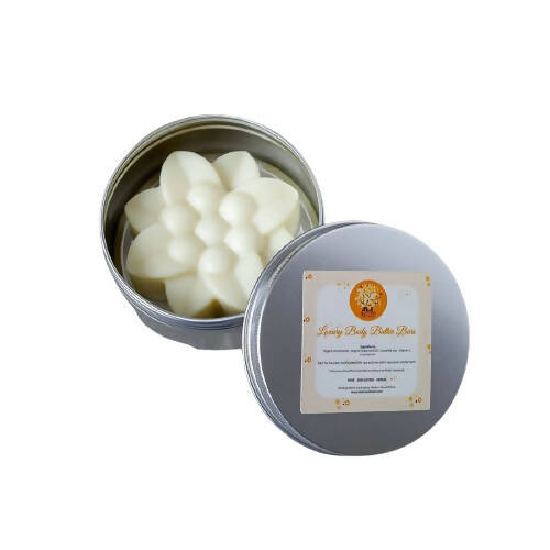 Tin of white soap bars with a label on a white background
