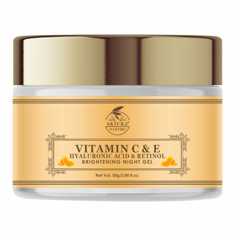 Skinfoo Vitamin C & E night gel jar with gold lid on a white background
