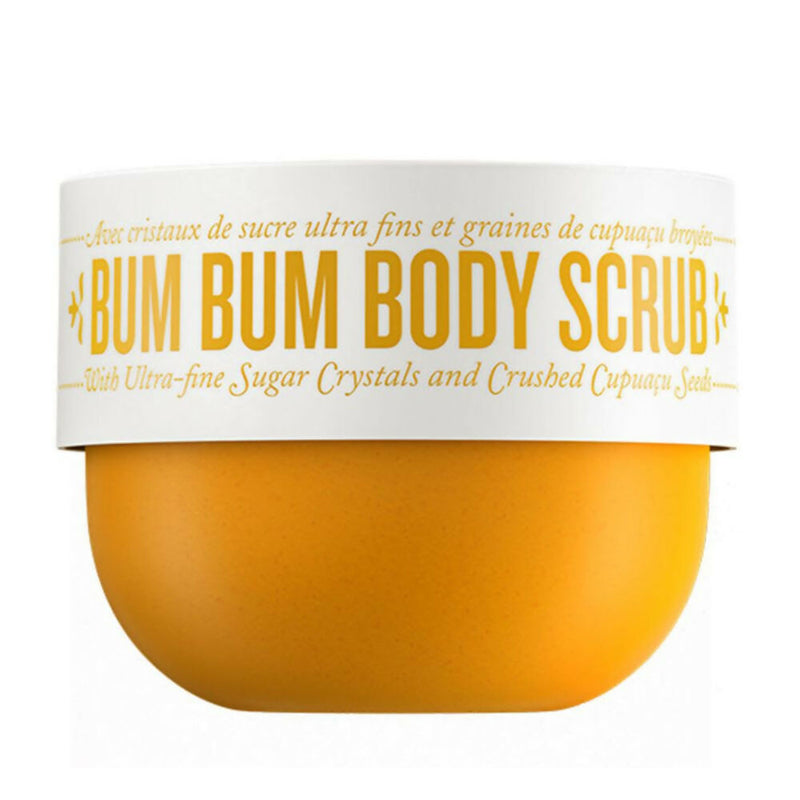 Yellow container of Bum Bum Body Scrub with white label on a white background