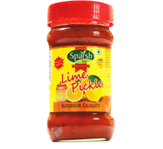 Jar of Sparsh Lime Pickle with red lid on a white background