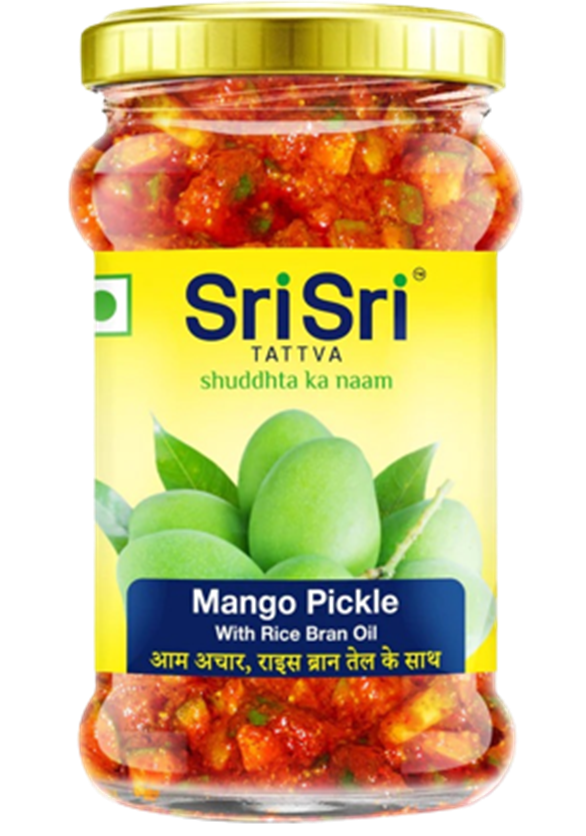 Jar of Sri Sri Tattva Mango Pickle with a yellow label