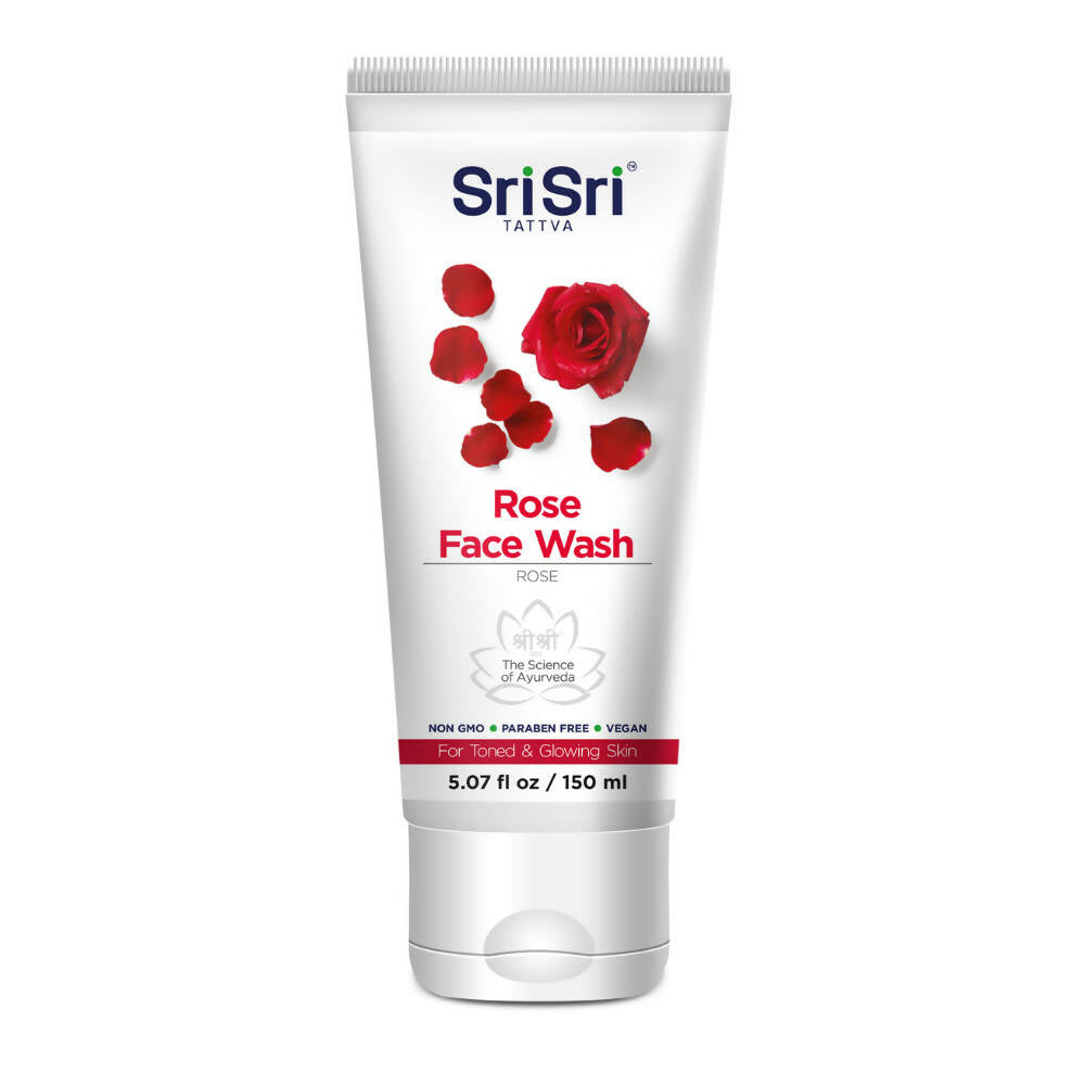 Sri Sri Tattva Rose Face Wash tube with red rose graphics on a white background