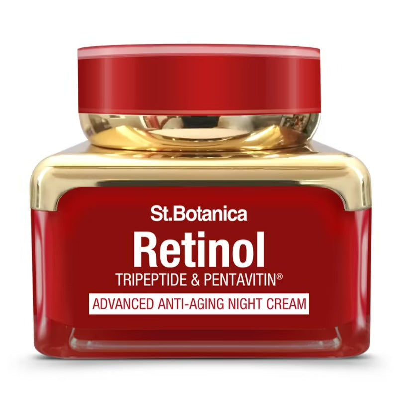 Red and gold jar of St.Botanica Retinol cream on a white background