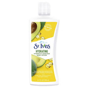 St. Ives hydrating vitamin E and avocado body lotion on a white background
