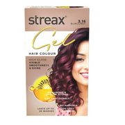 Streax hair color gel packaging with a woman's face and burgundy hair on a white background