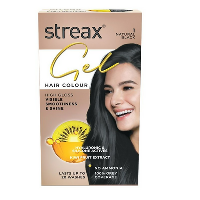 Streax hair color gel packaging with a woman's face on a beige background