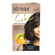 Streax hair color gel packaging with a woman's face and kiwi fruit extract illustration.