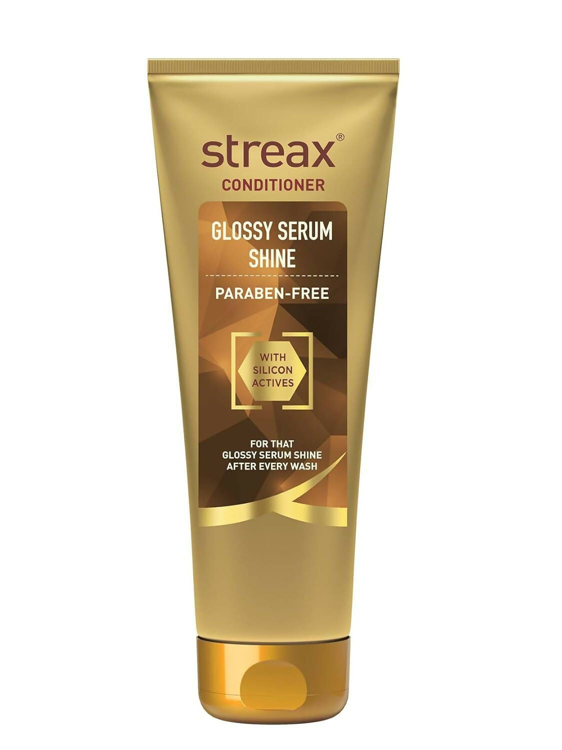Streax conditioner tube with gold and brown design on a white background