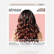 Streax hair highlighting kit packaging with a person's hair shown, labeled 'Latte Brown'.