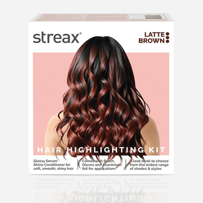 Streax hair highlighting kit packaging with a person's hair shown, labeled 'Latte Brown'.